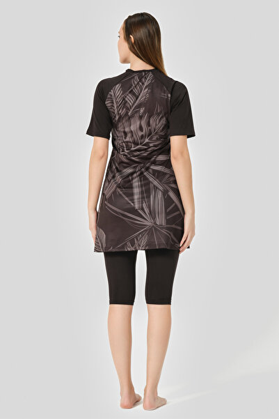 ALFASA Quick Dry Patterned Raglan Half Sleeve Semi Covered Hijab Swimsuit 24708-25 Black