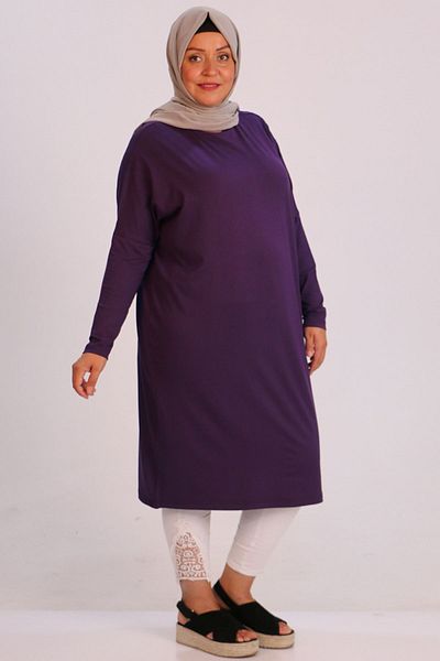 Eslina 28092 Large Size Low Sleeve Combed Cotton Tunic-Purple