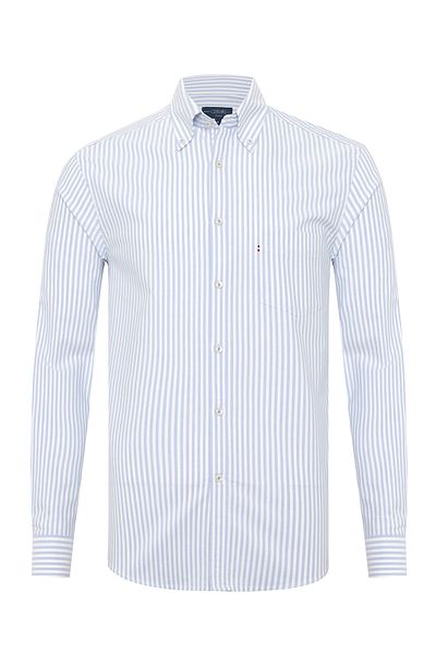 Germirli Blue White Striped Button Collar Pocket Tailor Fit Sports Oxford Shirt