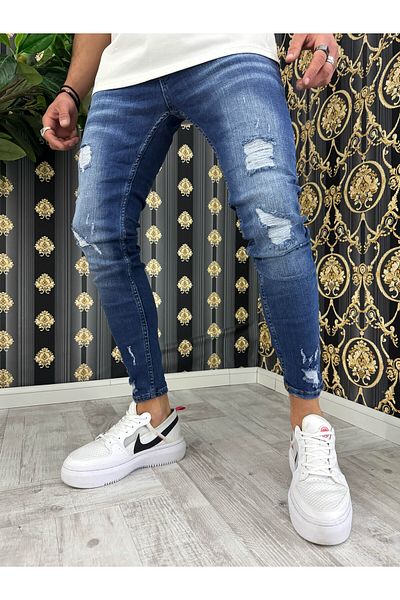 dehaine Blugi lungi, pentru barbati, slim fit, cu rupturi, 6123a, albastru