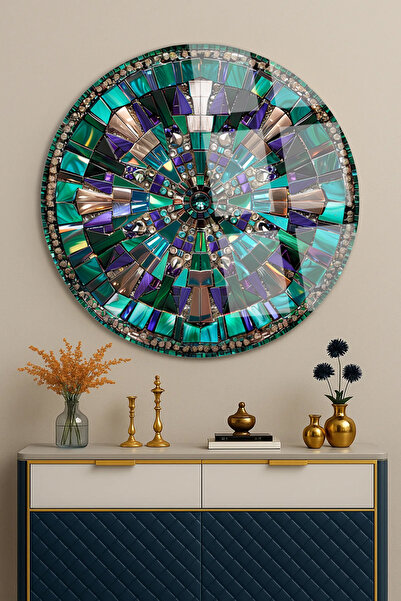 TAULART Masă rotundă din sticlă rezistentă la spargere cu model de mozaic în formă de scut de cristal, masă modernă, cadou pentru acasă