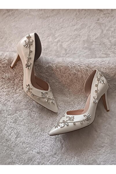 RUXENE لافين تصميم مخصص حجر فضي عمل يدوي مطرز أبيض ستيليتو 8 سم أحذية الزفاف