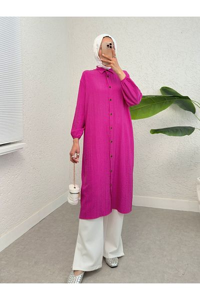 Modamorfo Long Crinkle Tunic with Buttons and Elastic Sleeves - Fuchsia