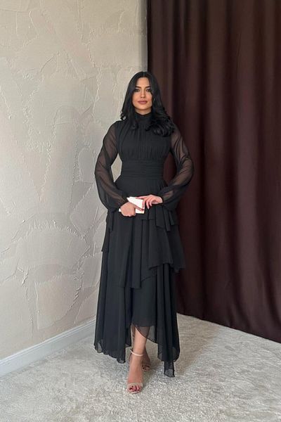modaserdem Women's Black Waist Detailed Night-Graduation-Wedding-Evening Dress