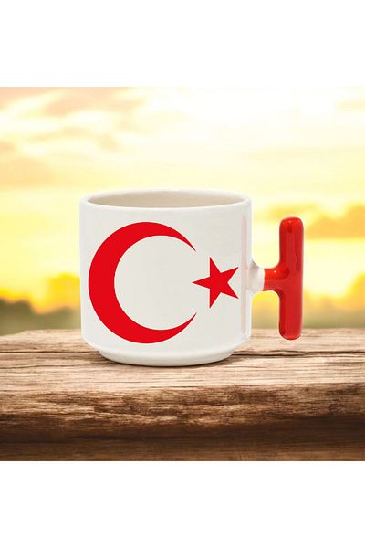 BB TRADE Ayyıldız Designed Red t Handle Ceramic Printed Mug Cup 250 ml