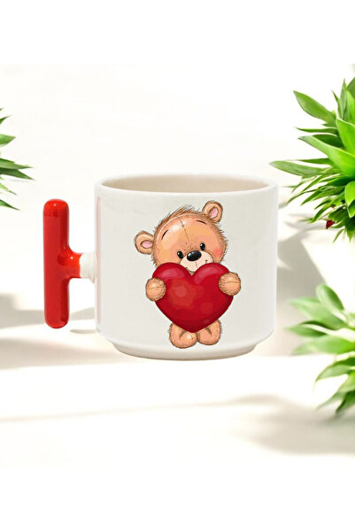 BB TRADE كوب سيراميك مطبوع بمقبض على شكل حرف T باللون الأحمر مع تصميم دمية دب...