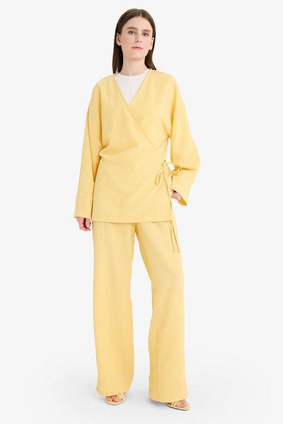 DeFacto Relax Fit 2'Li Set Seersucker Textured Long Sleeve Kimono Pants F4095Ax25Sm