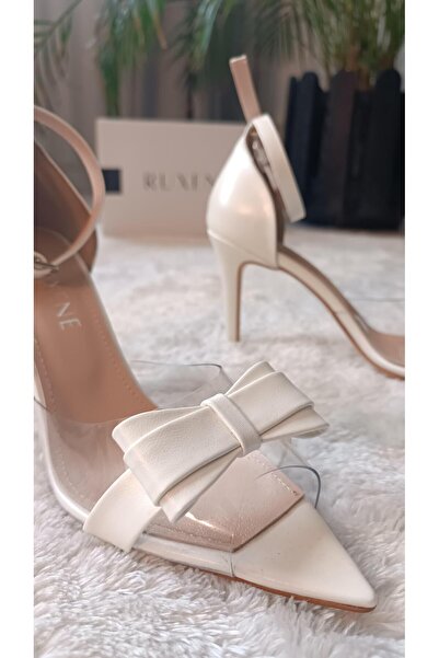 RUXENE Pantofi de mireasă ELINA cu fundă albă, cu detaliu transparent, cu ban...