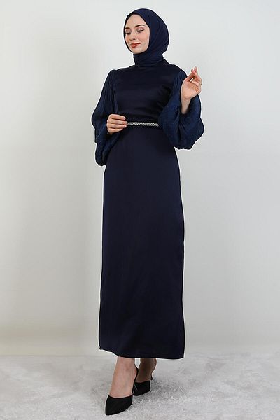 GİYZAMİLA Φόρεμα Yoryo με πέτρες στα μανίκια Navy Blue