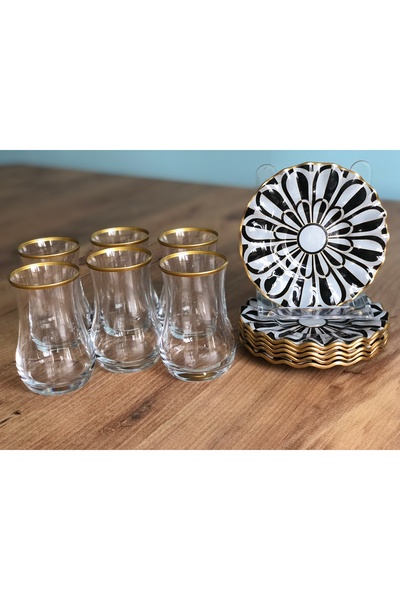 B&M Papatya Desenli Kıvrımlı 6 Kişilik Çay Seti 12 Parça