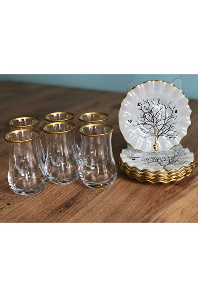 B&M Ağaç Desenli Kıvrımlı 6 Kişilik Çay Seti 12 Parça