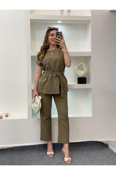 My Blog Khaki Shoulder Twist Detailed Blouse Trousers Set - 8644