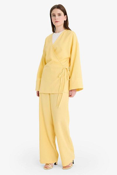 DeFacto Relax Fit 2'Li Set Seersucker Textured Long Sleeve Kimono Pants F4095Ax25Sm
