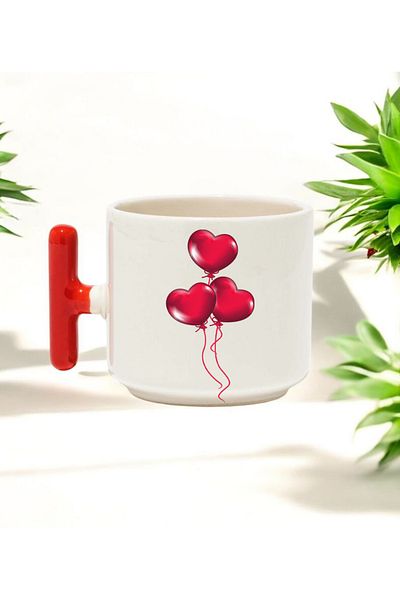 BB TRADE Red Heart Designed Red t Handle Ceramic Printed Mug Cup 250 ml