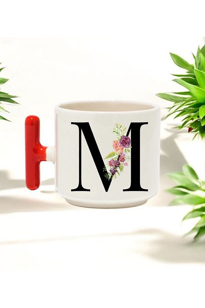 BB TRADE M Letter Designed Red t Handle Ceramic Printed Mug Cup 250 ml
