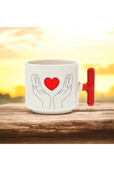 BB TRADE Heart Design Red t Handle Ceramic Printed Mug Cup 250 ml