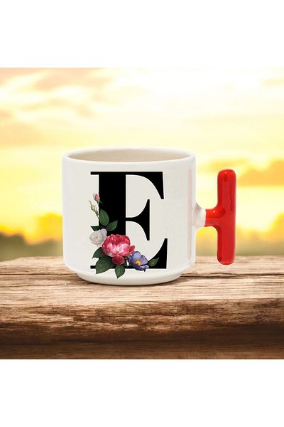 BB TRADE E Letter Designed Red t Handle Ceramic Printed Mug Cup 250 ml