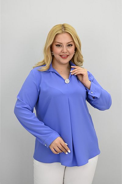 Koza Butik Women's Plus Size Shirt Collar Brooch Detailed Blouse 0032-25