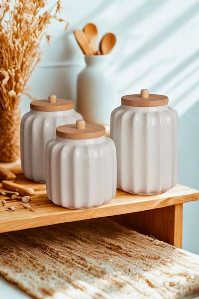 Woodcept Set of 3 Porcelain Star Model Wooden Vacuum Lid Tea, Sugar, Salt, Coffee Storage Jars