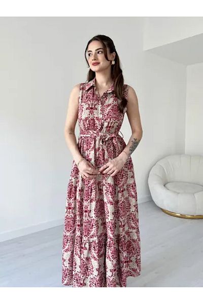 Lusin Γυναικείο καλοκαιρινό φόρεμα με μοτίβο Dusty Rose με κουμπιά και μανίκια