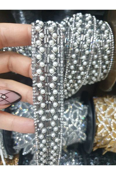 ESRA ŞELEM Silver Color Beaded Decorative Strip Accessory That Sticks with Iron