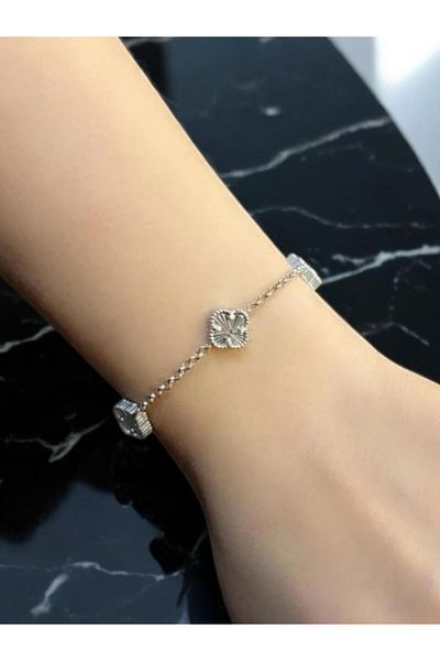 Merand Crom Silver Colored 5-Piece Double-Sided Clover Steel Chain Bracelet
