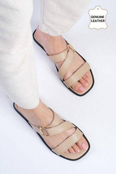 Mio Gusto Nude Colored Genuine Leather Women's Flat Slippers - Blunt Toe