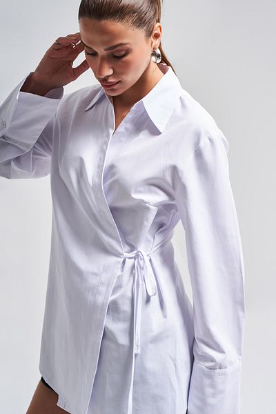 its basic Women's White Color S5-2 Side Tie Maxi Long Oversize 100% Cotton Shirt