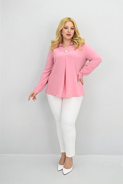 Koza Butik Women's Plus Size Shirt Collar Brooch Detailed Blouse 0032-25