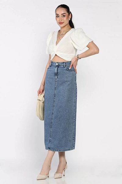 GÜLSELİ Fusta din denim brodată cu piatră albastră pentru femei