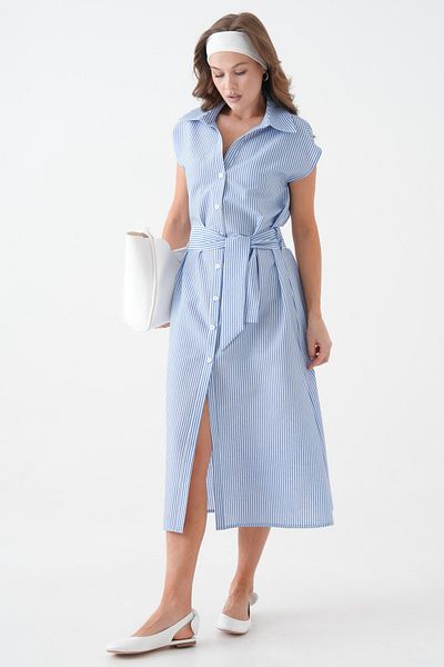 Saade Blue Striped Zero Sleeve Belted Woven Dress