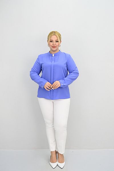 Koza Butik Women's Plus Size Judge Collar Stone Brooch Detailed Blouse 0034-25