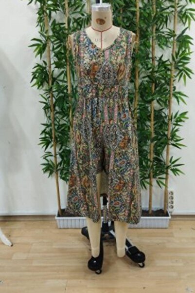 Mossta V-Neck Patterned Single Jersey Jumpsuit Dress - Patterned