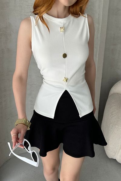 Fav Style Women's Crew Neck Gold Button Detailed Front Slit Sleeveless Blouse White