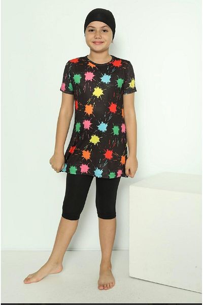 ALİŞ KİDS Bazaar-Turkey All You Need Girl's Short Sleeve Star Patterned Hijab Swimsuit with Leggings 1904-18