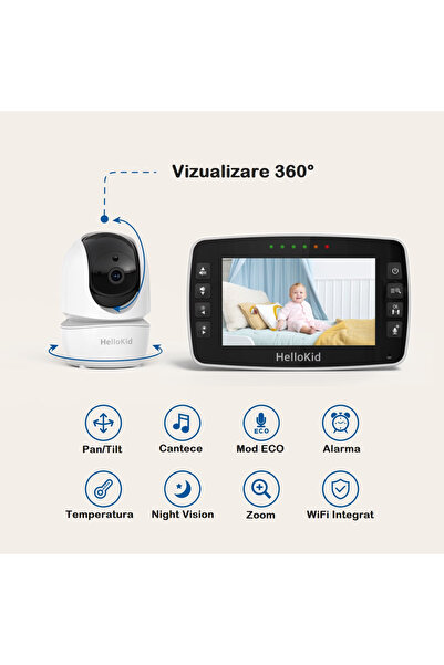 Smart Vibe Μόνιτορ μωρού Wifi Hellokid Se-4m 4.3, Νυχτερινή όραση/θερμοκρασία, Λειτουργία, Ζουμ, Ξυπνητήρι, Τραγούδια