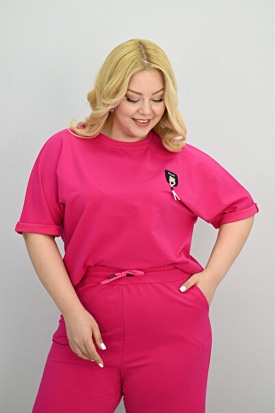 Koza Butik Women's Plus Size Short Sleeve Accessory Detailed Shorts Set 8186-25