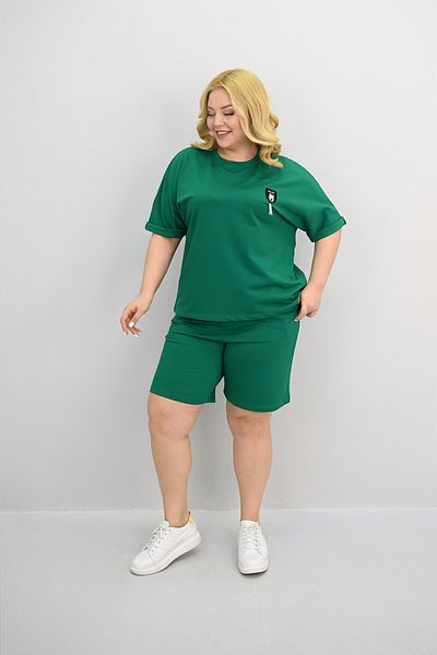 Koza Butik طقم شورت نسائي مقاس كبير بأكمام قصيرة ومزين بتفاصيل إكسسوارات 8186-25