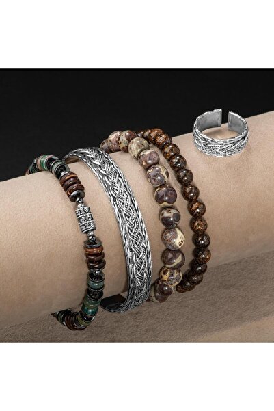 OSMANLI DOĞAL TAŞ Hint Akik-Bronzit-Meksika Jasper-Hematit Doğal Taş Telkari Gümüş Bileklik Yüzük Seti