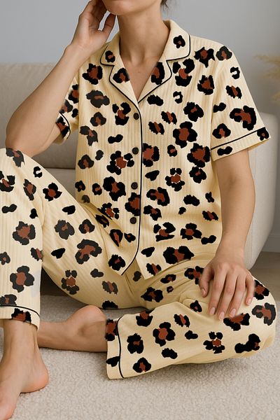 BELLA NOTTE Leopard Printed Buttoned Summer Pajama Set