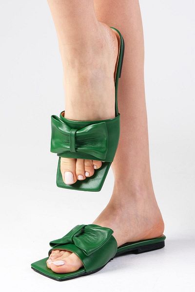 Mio Gusto Cristina Genuine Leather Green Women's Heelless Flat Slippers