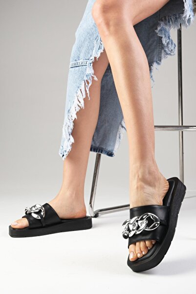 Mio Gusto Papuci cu lanț pentru femei Estiva din piele naturală, neagră, cu talpă groasă