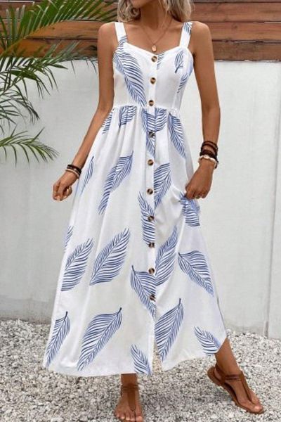 Mossta Long Single Jersey Dress with Thick Strap Button Detail - Blue