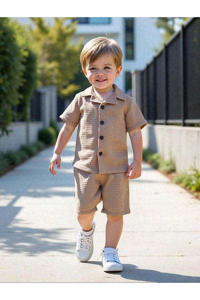 Bubito V-Neck Shirt Detailed Cotton Waffle Shorts Set-Beige