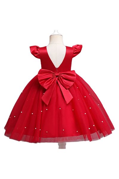 MadyaButik Girl's Red Dress Buckle Gift Skirt Pearl Dress