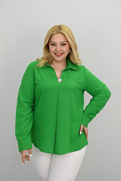 Koza Butik Women's Plus Size Shirt Collar Brooch Detailed Blouse 0032-25