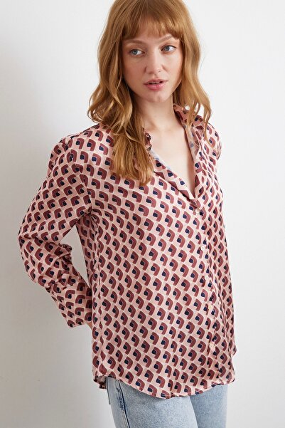 Never more Geometrik Desenli Saten Gömlek Pembe