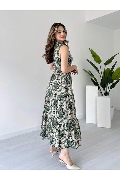 Lusin Rochie de vară cu mâneci zero pentru femei, cu model cu nasturi verzi