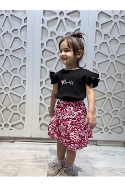 KUMRUNUN DÜNYASI Butterfly Embroidered Sleeve Detail T-Shirt Colorful Ruffle Hem Girls' Bottom Top Set