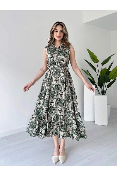 Lusin Rochie de vară cu mâneci zero pentru femei, cu model cu nasturi verzi